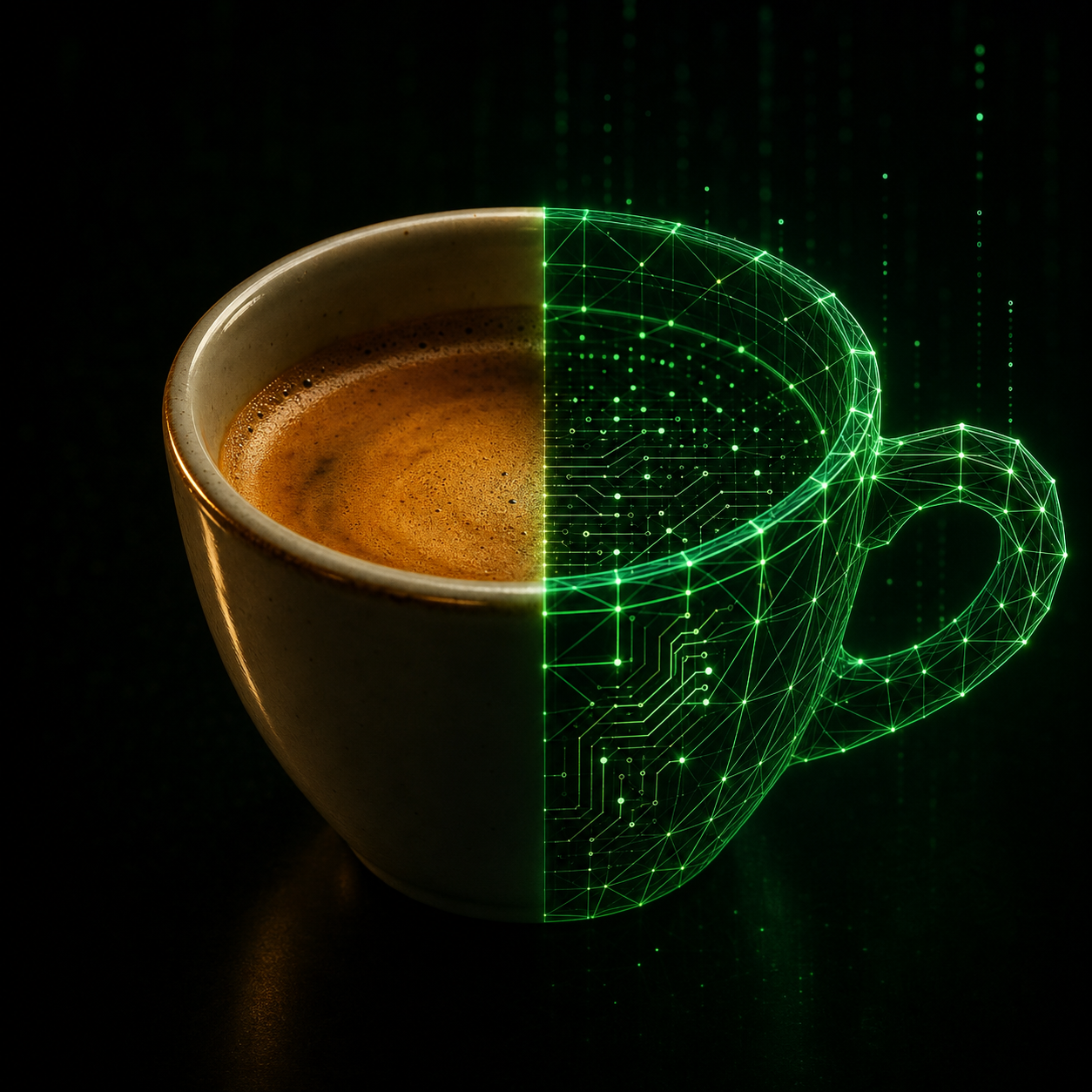 Taza de cafecito mitad real y mitad Matrix